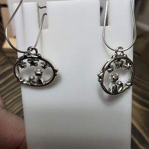 Elegant Silver Star and Cat Earrings